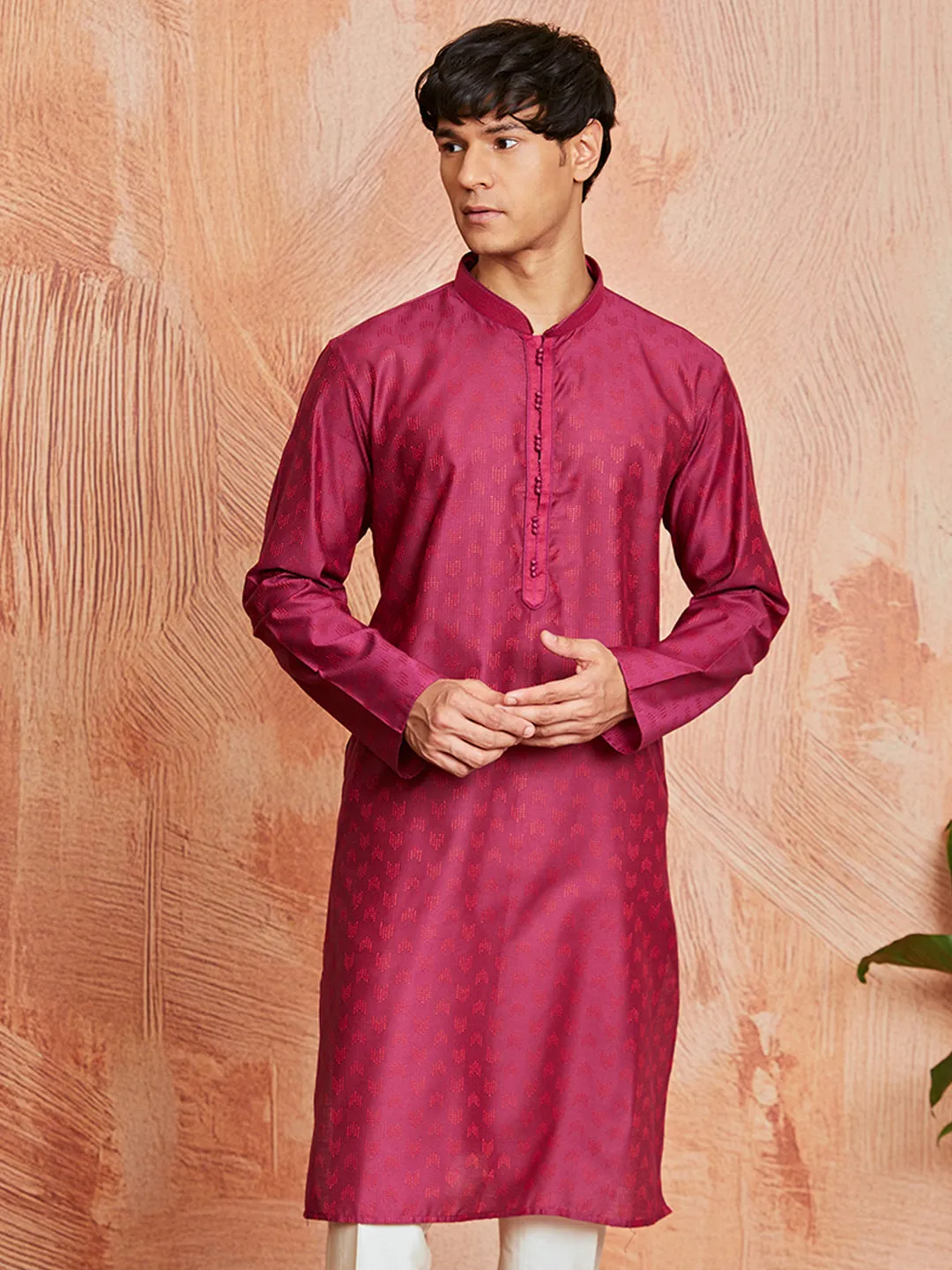 Men's Falsa Silk Blend Jacquard Kurta with Embroidered Collar