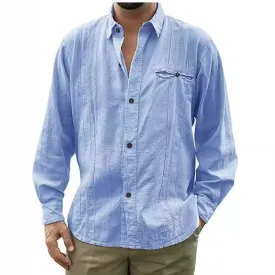 Mens Linen Shirt  Relaxed Fit  Long Sleeve  Button-Up with Chest Pocket