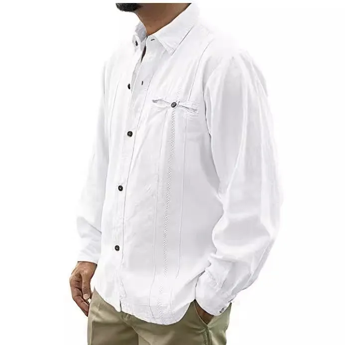 Mens Linen Shirt  Relaxed Fit  Long Sleeve  Button-Up with Chest Pocket