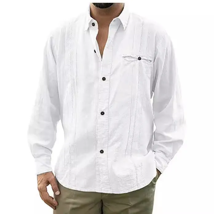 Mens Linen Shirt  Relaxed Fit  Long Sleeve  Button-Up with Chest Pocket