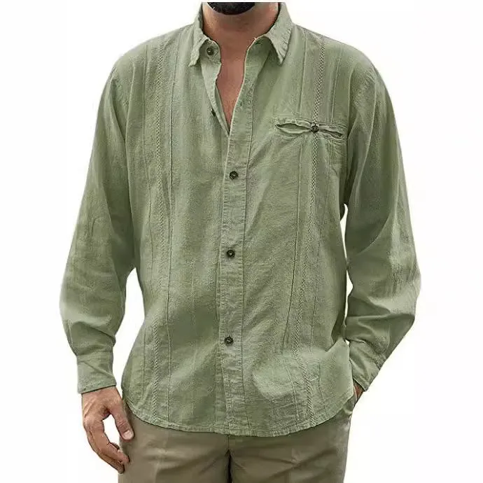 Mens Linen Shirt  Relaxed Fit  Long Sleeve  Button-Up with Chest Pocket