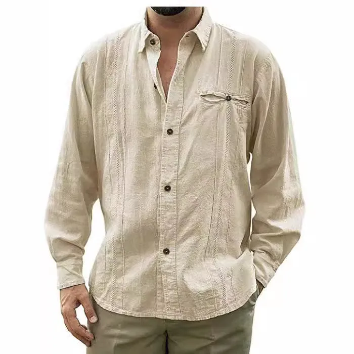 Mens Linen Shirt  Relaxed Fit  Long Sleeve  Button-Up with Chest Pocket