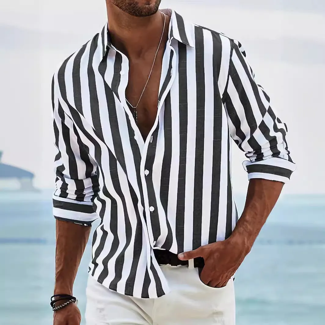 Mens Long Sleeve Shirt  Cotton Linen Blend  Relaxed Fit  Button-Up Striped Casual