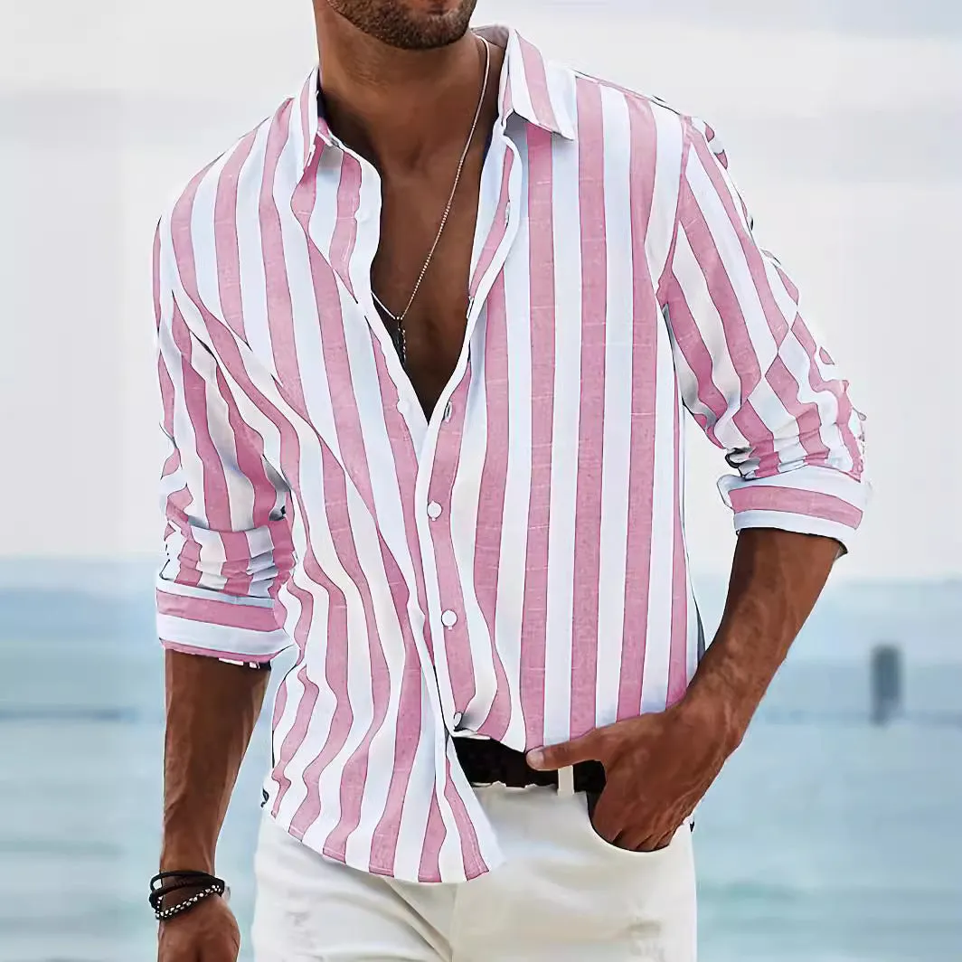 Mens Long Sleeve Shirt  Cotton Linen Blend  Relaxed Fit  Button-Up Striped Casual