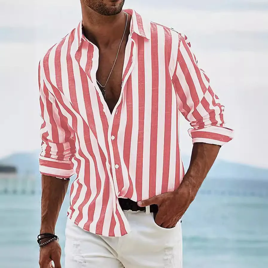 Mens Long Sleeve Shirt  Cotton Linen Blend  Relaxed Fit  Button-Up Striped Casual