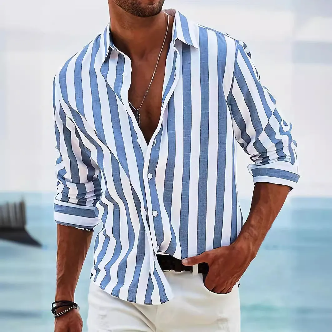 Mens Long Sleeve Shirt  Cotton Linen Blend  Relaxed Fit  Button-Up Striped Casual