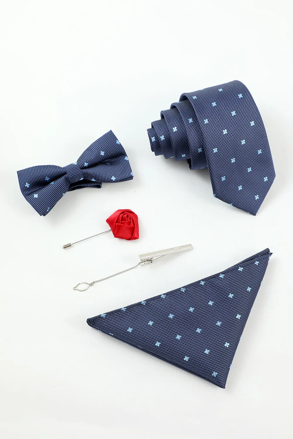 Men's Navy 5-Piece Accessory Set Tie and Bow Tie Pocket Square Flower Lapel Pin Tie Clip