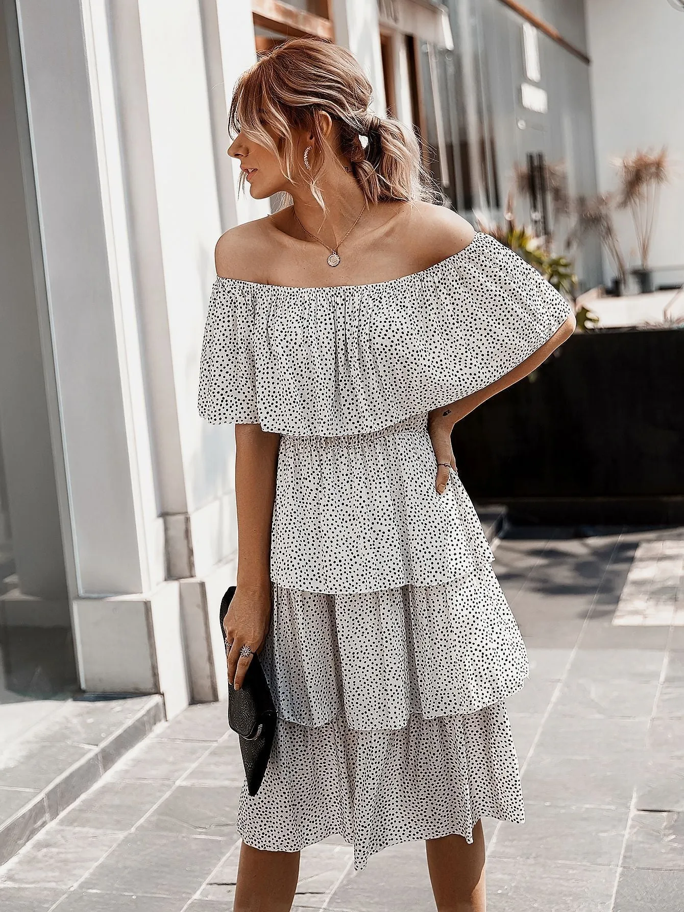 Off The Shoulder Sleeveless Tiered Ruffle Midi Dress