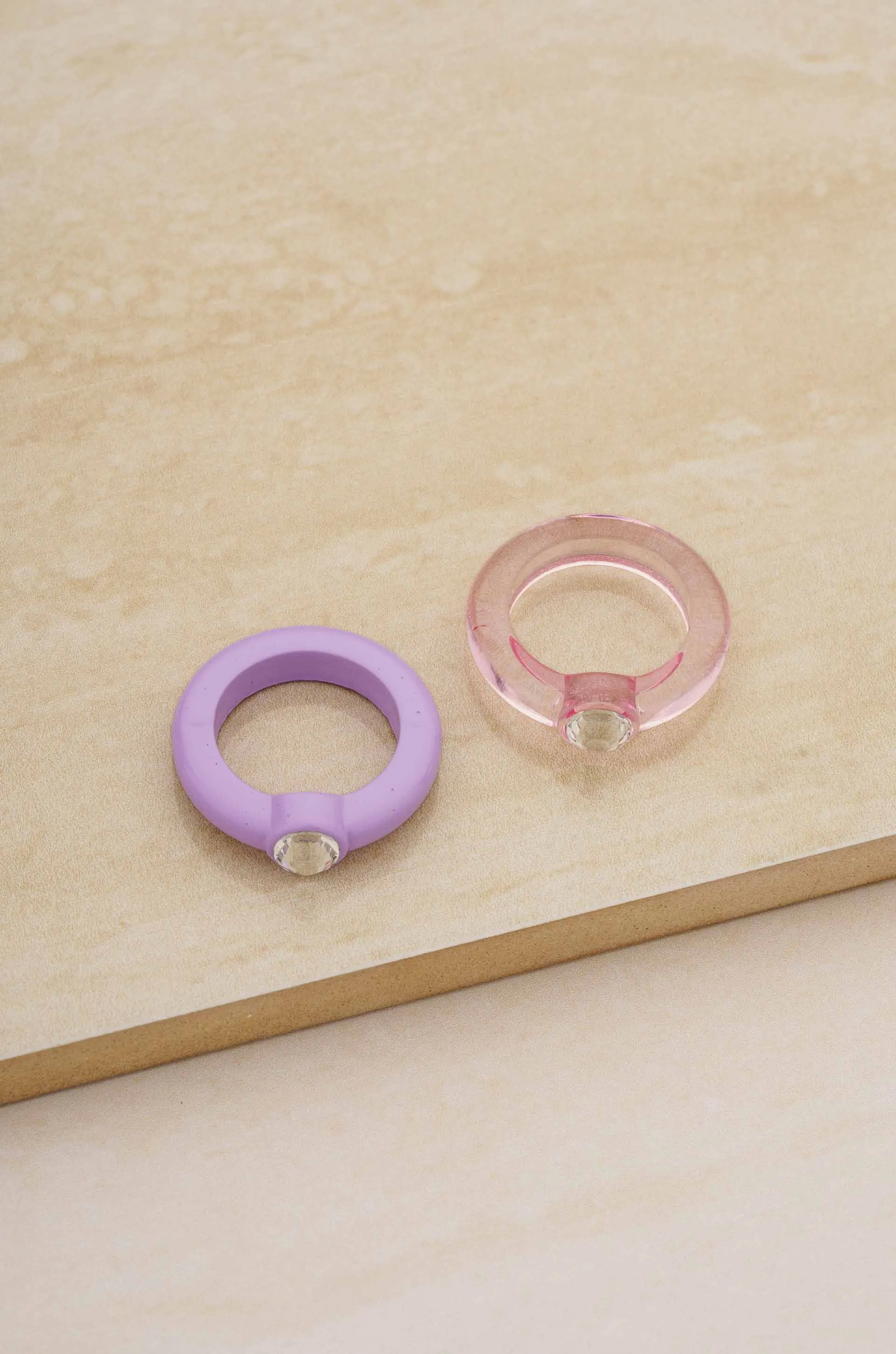 Transparent Pink & Matte Purple Resin Ring Set