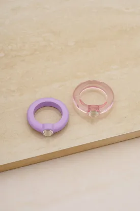 Transparent Pink & Matte Purple Resin Ring Set