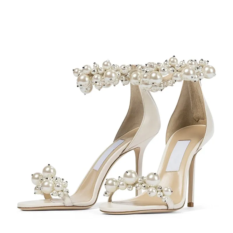 White Pearl Sandals Women Fashion High Heels Stiletto Wedding Shoes