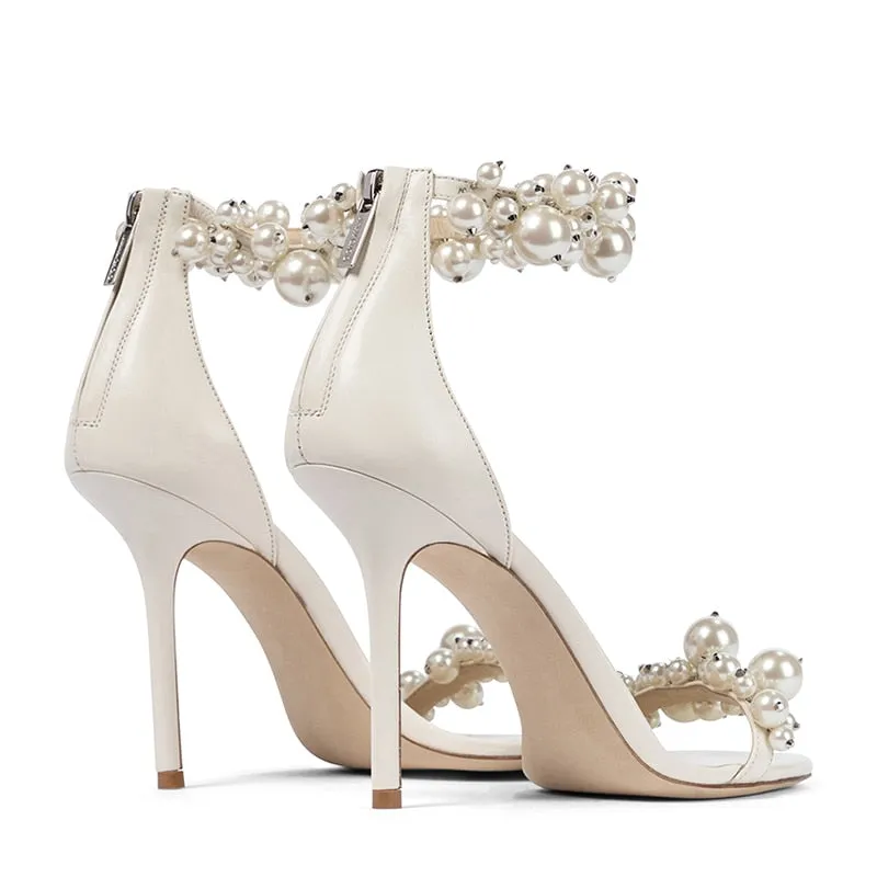 White Pearl Sandals Women Fashion High Heels Stiletto Wedding Shoes