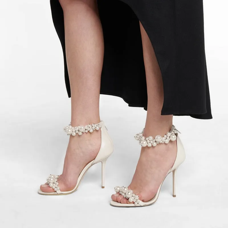 White Pearl Sandals Women Fashion High Heels Stiletto Wedding Shoes