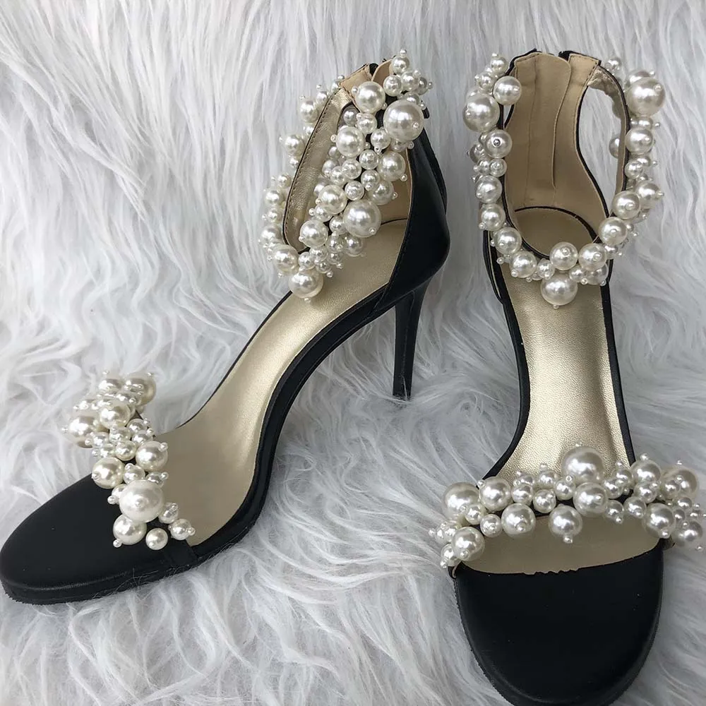 White Pearl Sandals Women Fashion High Heels Stiletto Wedding Shoes