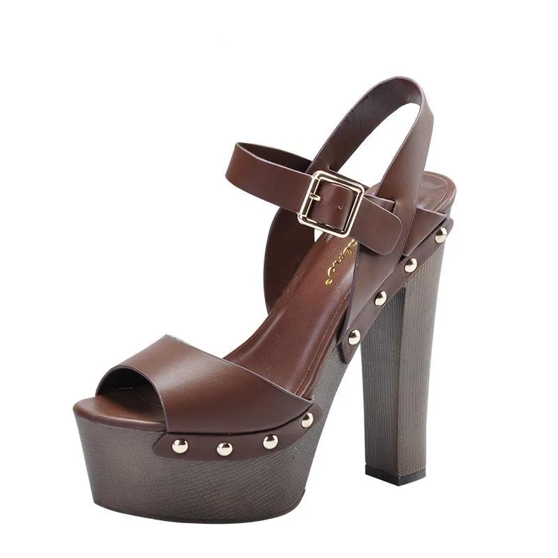 Women rivets decoration high heels peep toe ankle strap comfortable party sandals